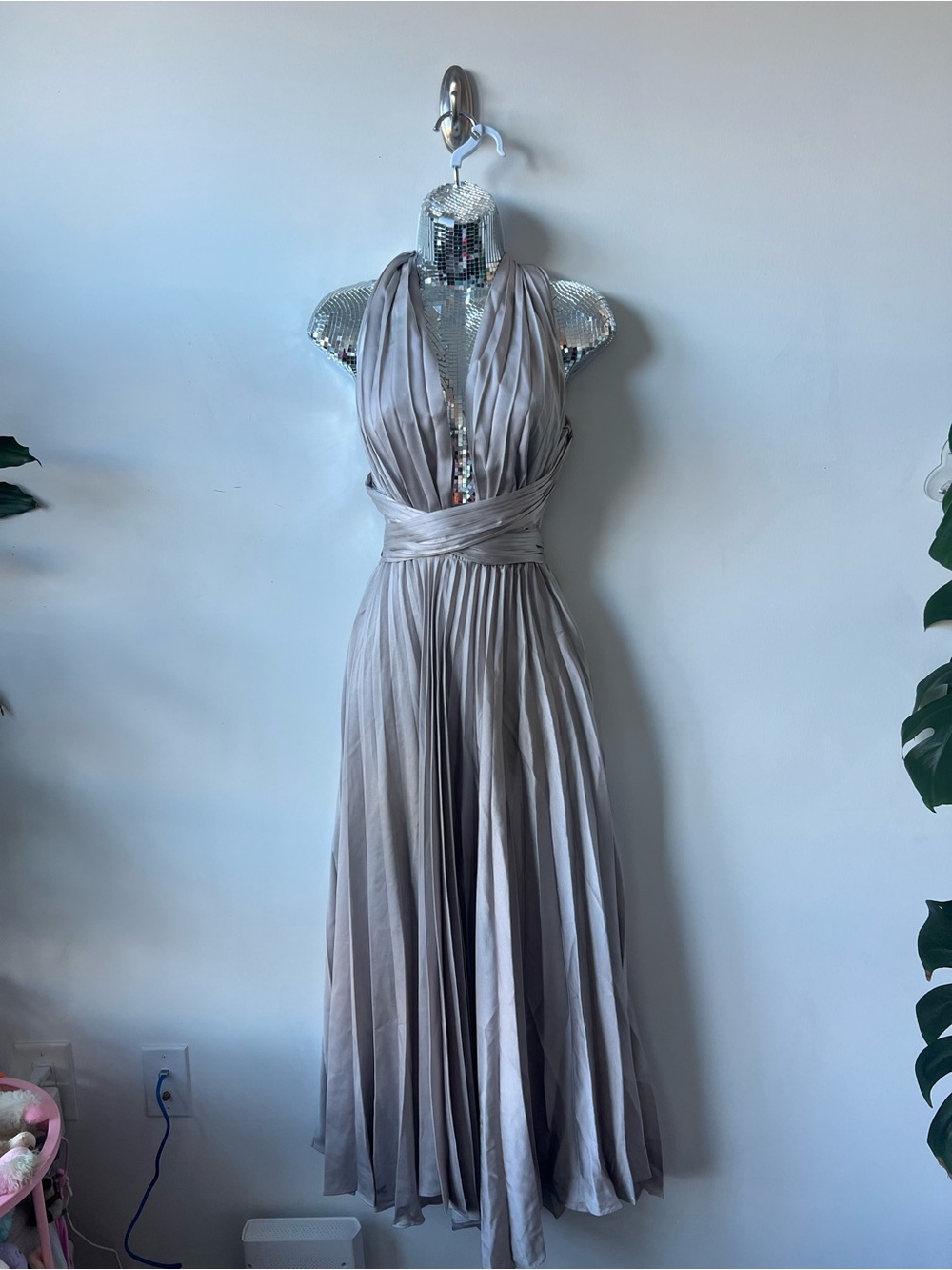 Hello Molly Pleated Taupe Convertible Top Dress